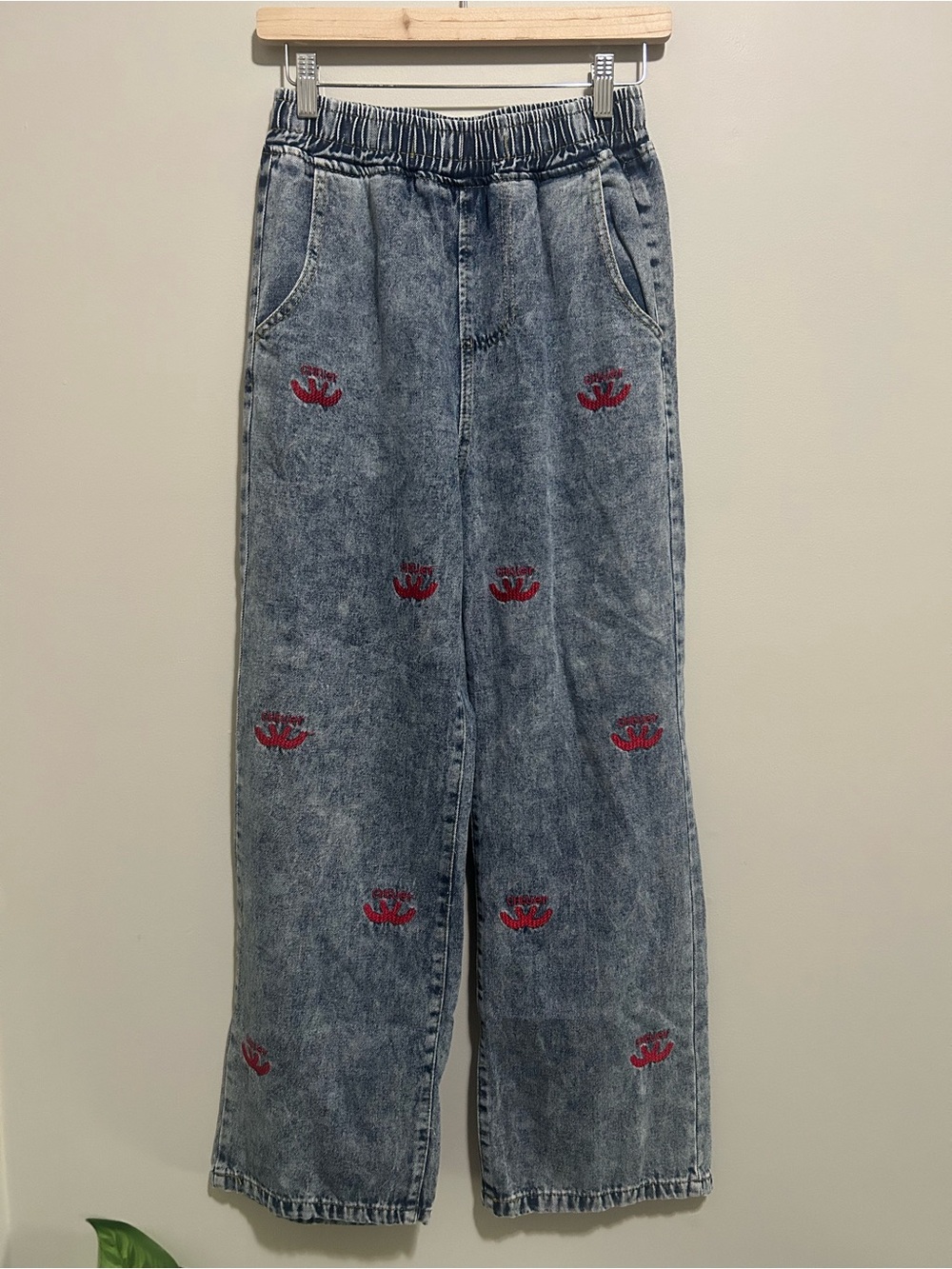 ⚡️2 for $38 Acid Wash Wide Leg Jeans with Red Embroidered Motifs